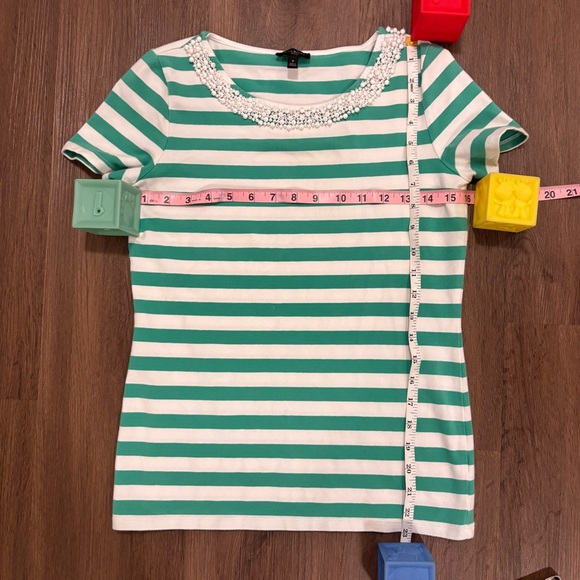 Talbots White & Green Striped Tee with Beaded Necklace Trim - Picture 6 of 7